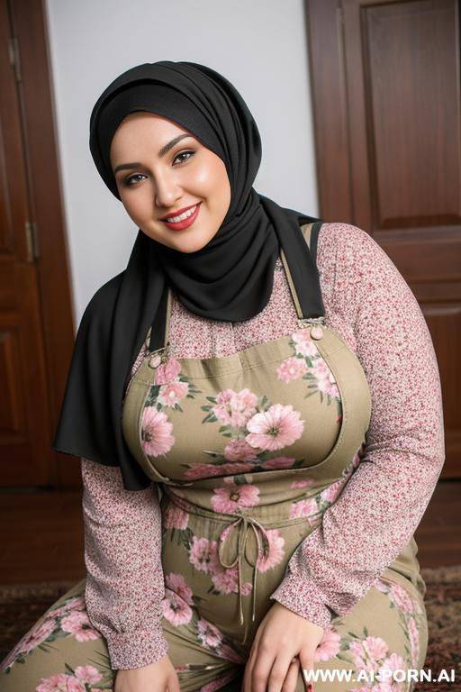 smiling curvy russian brunette chubby wife wearing hijab and dirty flowers overall - #main