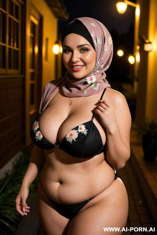 smiling curvy russian brunette chubby wife wearing hijab and dirty flowers bikini at night - #main