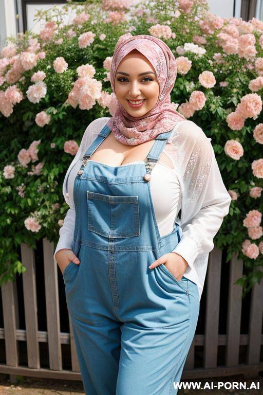 smiling curvy russian brunette chubby wife fully naked wearing hijab and flowers overall - #main