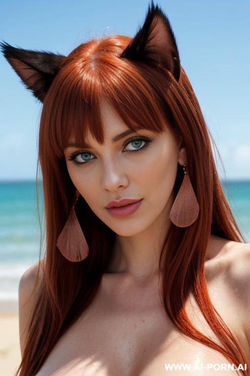 beautiful sensual pretty big blue green eyes feathered-earrings cat-ears hairs dense fluffy straight long bangs red ginger face expression excited big lips pronounced lips wet lips sexy nude naked - #main