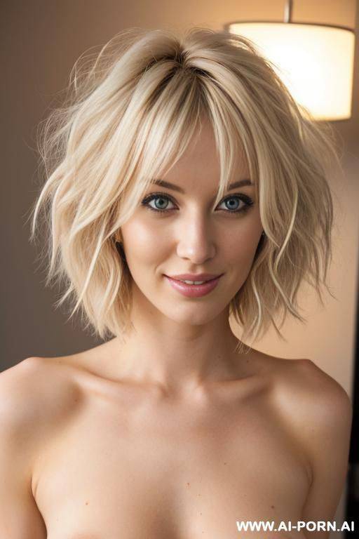 one woman blonde naked, short wavy messy haircut, eye contact, looking to the viewer - #main