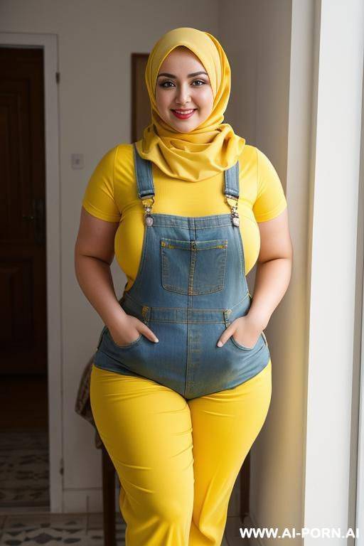 smiling curvy russian brunette chubby wife fully naked wearing hijab wearing dirty yellow overall - #main