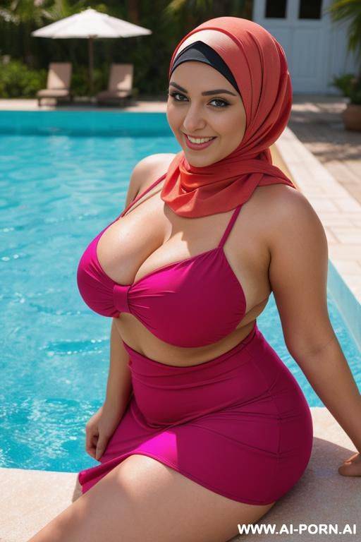 smiling curvy russian brunette chubby wife wearing hijab and colored swim dress - #main
