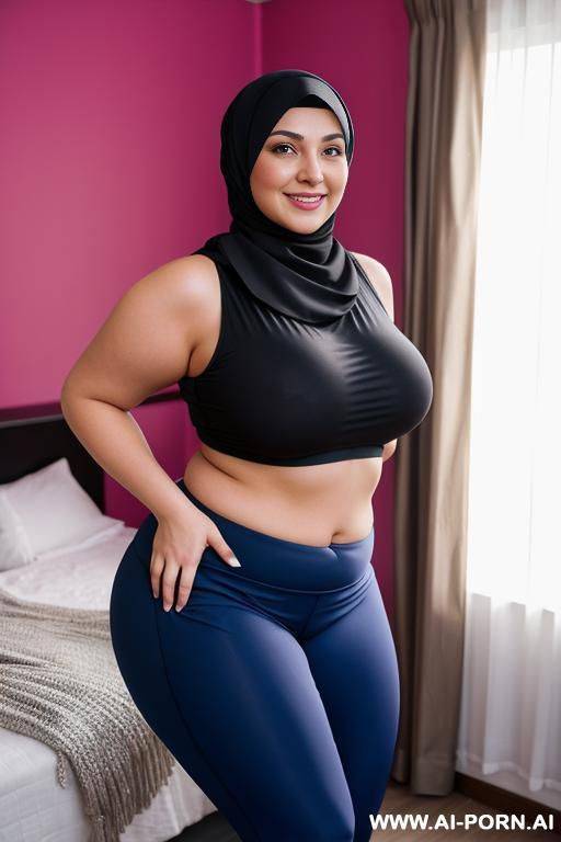 smiling curvy russian brunette chubby wife wearing hijab and sport pants in bedroom - #main