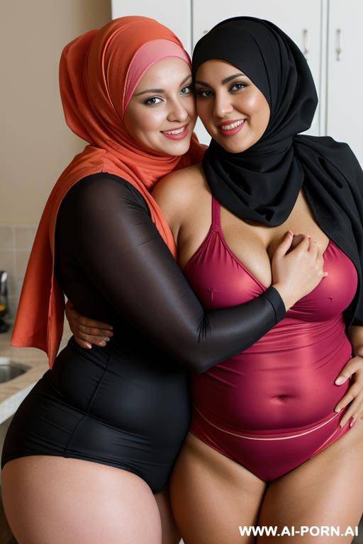 smiling curvy russian brunette chubby wife wearing hijab and colored dirty volleyball costume hugging old black man - #main