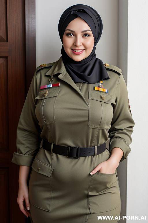 smiling curvy russian brunette chubby wife fully naked wearing hijab and military overall - #main