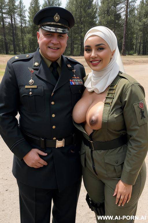 smiling curvy russian brunette chubby wife topless wearing hijab and military overall standing with old black man officer - #main