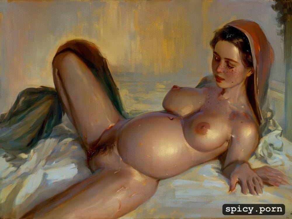 open pussy, panicked, surprised, ilya repin painting, on bed - #main