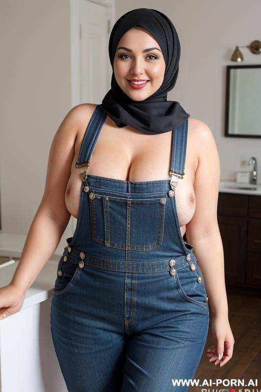 smiling curvy russian brunette chubby wife fully naked wearing hijab and overalls - #main