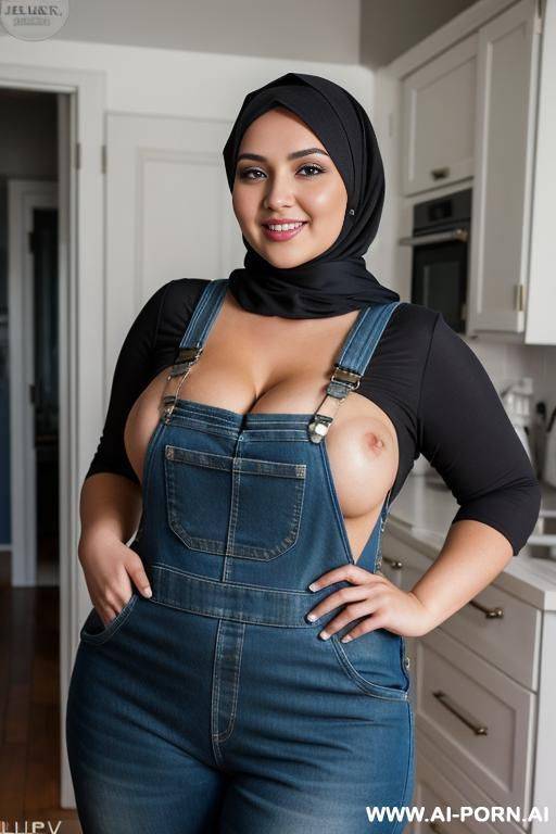 smiling curvy russian brunette chubby wife fully naked wearing hijab and blue and black overalls - #main