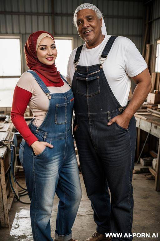 smiling curvy russian brunette chubby wife fully naked wearing hijab and overalls standing with old black man in workshop - #main