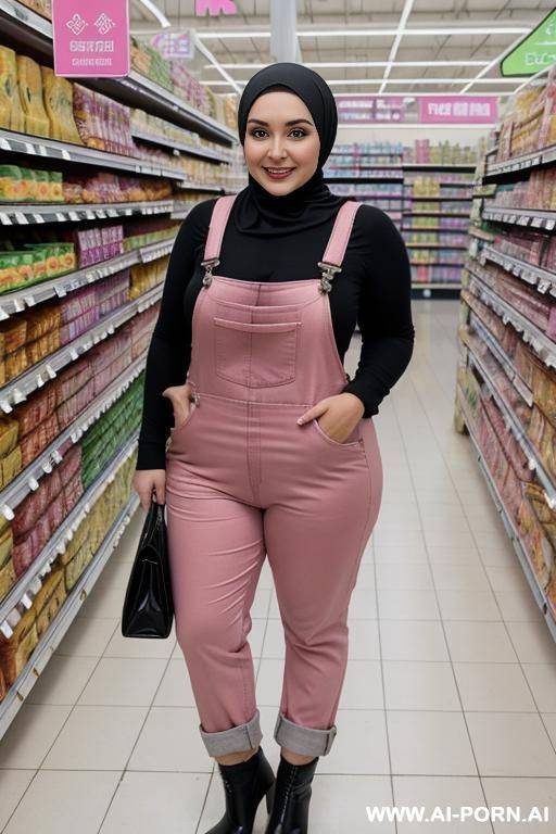 smiling curvy russian brunette chubby wife fully naked wearing hijab and pink and black overalls standing in supermarket - #main