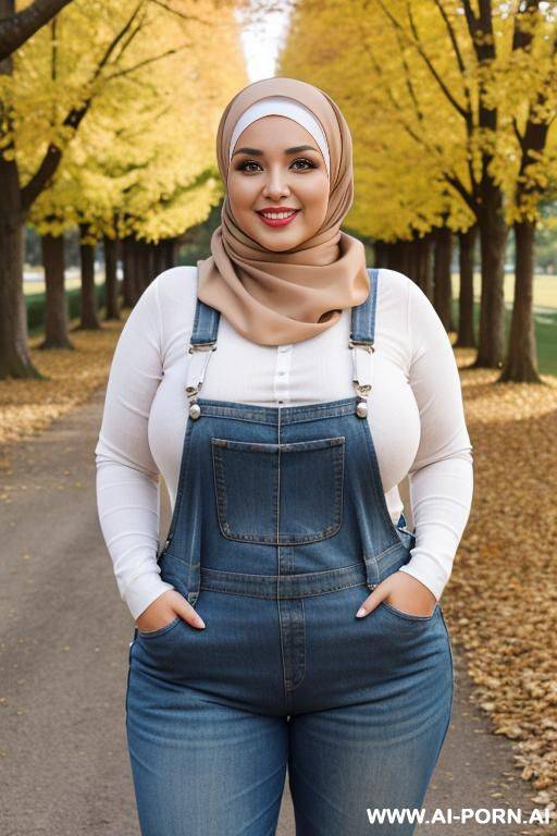 smiling curvy russian brunette chubby wife fully naked wearing hijab and overalls in autumn seaman - #main