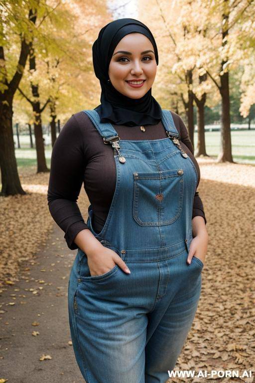smiling curvy russian brunette chubby wife fully naked wearing hijab and dirty overalls in autumn seaman - #main