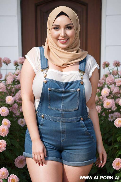 smiling curvy russian brunette chubby wife fully naked wearing hijab and flowers overalls - #main