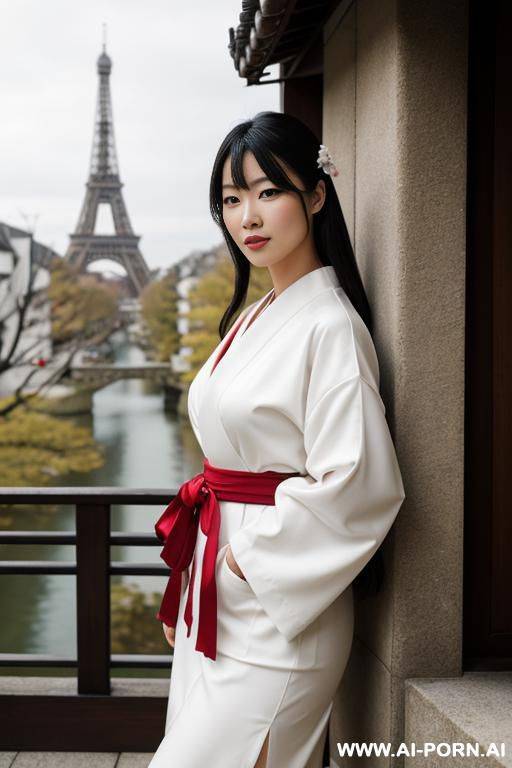 a realistic full portrait image of an 1 european woman in a cite revealing japaneese woman outfit. - #main