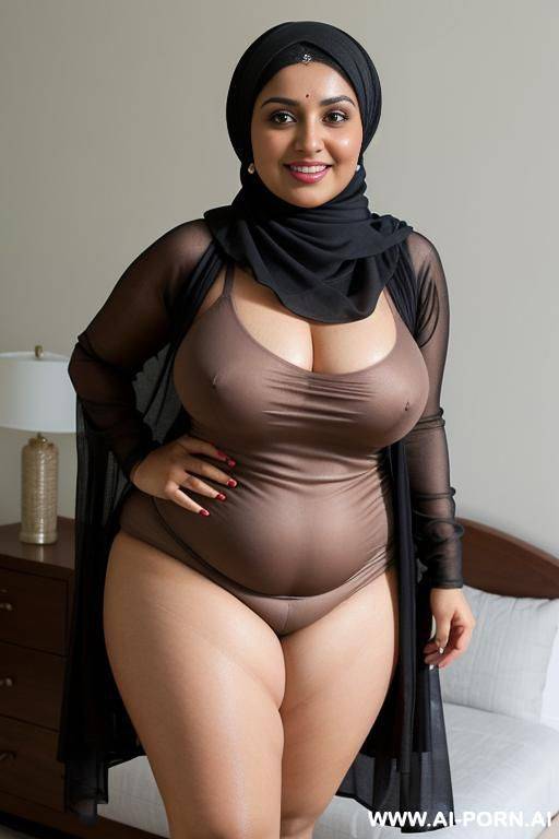 smiling curvy punjabi brunette chubby wife fully naked wearing hijab and overall - #main