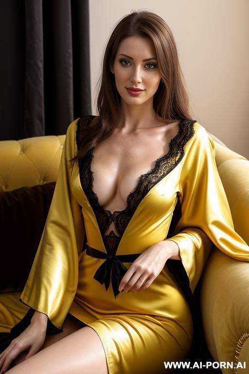 flemish woman, beautiful natural boobs, pretty natural body, yellow and black royal robes, royal lingerie, in a harem, on a couch, happy - #main