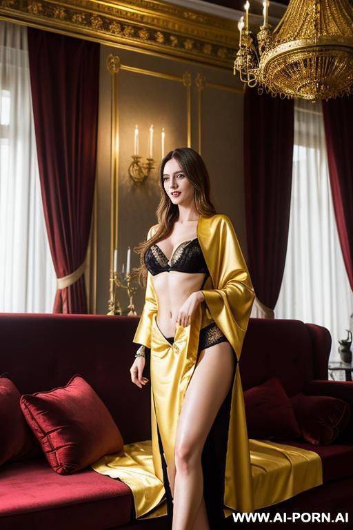 happy flemish woman, beautiful natural boobs, pretty natural body, black and yellow royal robes, royal lingerie, in a harem, on a couch - #main