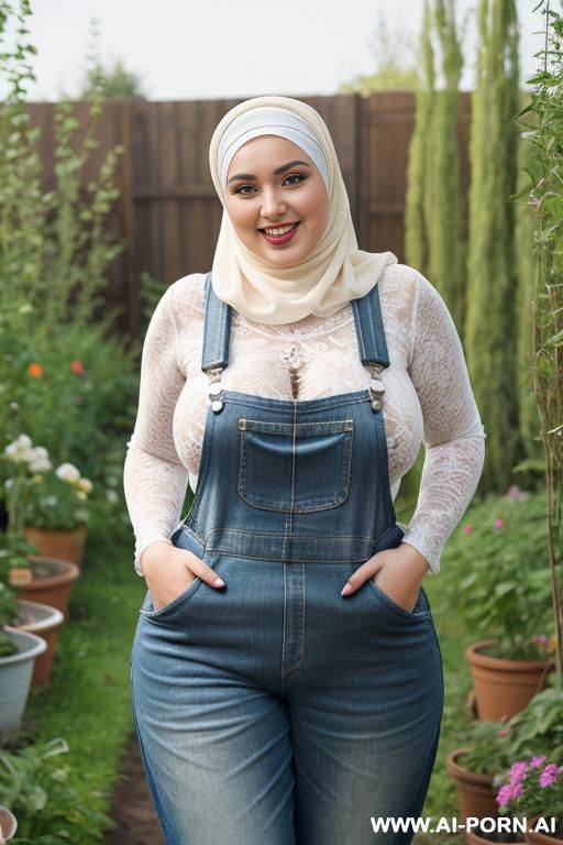 smiling curvy russian brunette chubby wife fully naked wearing hijab and dirty overalls in garden - #main