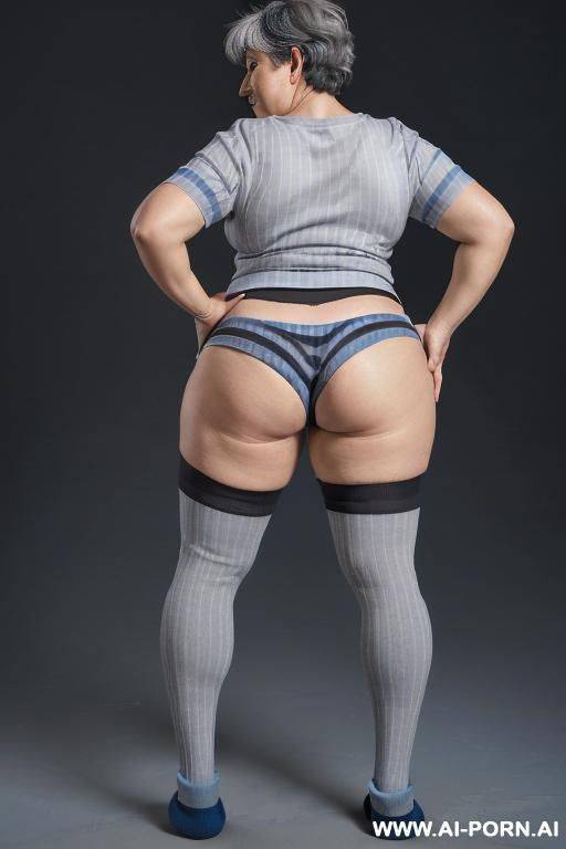 (((back view))), (((0 year old chubby grandmother))), (((short gray hair))), (((very visible age marks))), (((triangle hips))), (((thick thighs))), (((blue t-shirt with black vertical stripes))), (((blue - #main