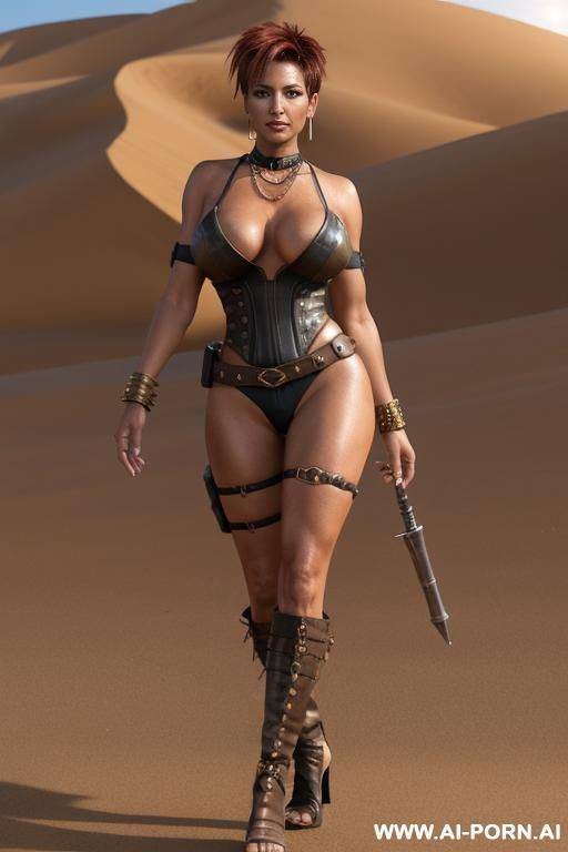 mature woman. tanned. necklace, earrings, bracelet, thigh chain. anklet. high heels. punk hairstyle. golden armband. - #main