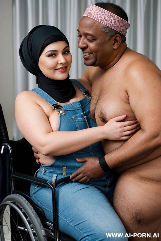 smiling curvy russian brunette chubby wife fully naked wearing hijab and colored dirty overall hugged from old black man in wheelchair - #main