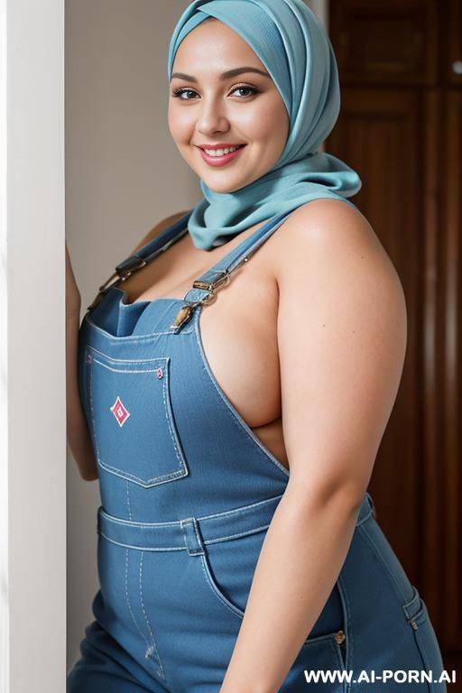smiling curvy russian brunette chubby wife topless wearing colored hijab and dirty light blue overalls - #main