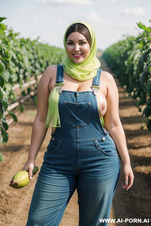 smiling curvy russian brunette chubby wife topless wearing colored hijab and dirty lime green overalls in farm - #main
