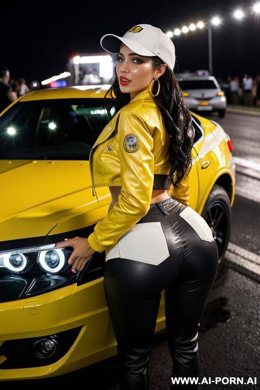lens fish eye shot down from shot close up boobs from behind perfet sexy position hand on hood car completely wet hair brunette cotton pants tight shorts low rise perfect ass jacket rider - #main