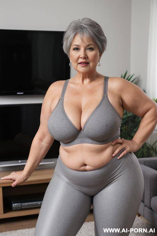 0 year old chubby grandma, short gray hair, very visible signs of age, fully body, standing, triangle hip, thick-thighs, hands on waist, wearing gray leggings and a bra, living room in front of the television, legs spread open - #main