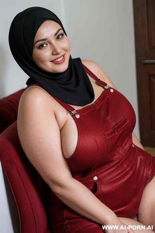 smiling curvy russian brunette chubby wife fully naked wearing hijab and red and black overalls - #main