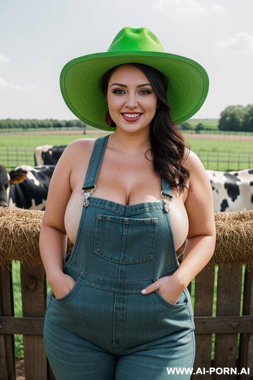 smiling curvy russian brunette chubby wife topless wearing colored hijab and dirty lime green overalls and hat in cows farm - #main