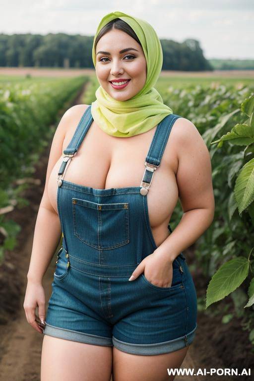 smiling curvy russian brunette chubby wife topless wearing colored hijab and dirty lime green overalls in caws farm - #main