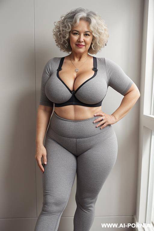 chubby grandma, 0 years old, full body, standing, obvious age marks, triangle hips, thick thighs, wearing yoga pants and bra - #main