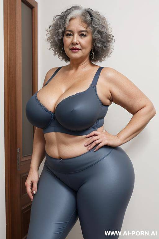 chubby grandma, 0 years old, full body, standing, obvious age marks, triangle hips, thick thighs, wearing blue leggings and bra - #main