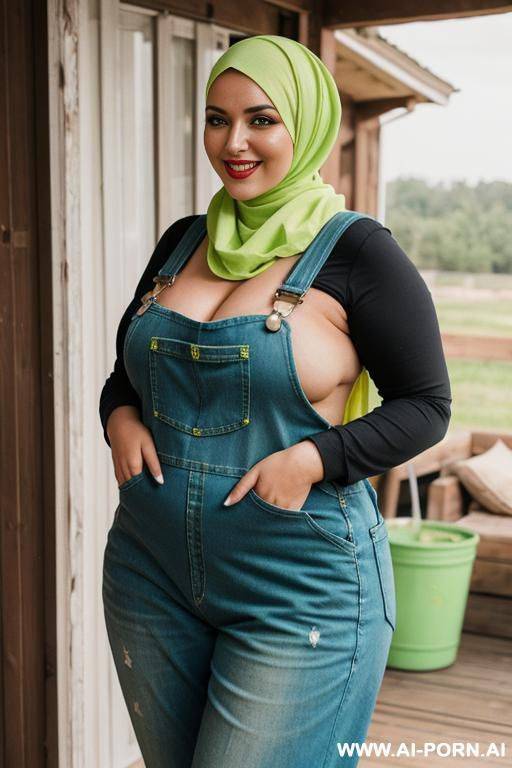 smiling curvy russian brunette chubby wife topless wearing colored hijab and dirty lime green overalls with caw - #main
