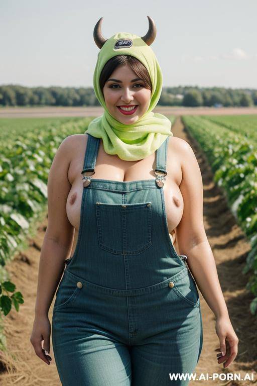 smiling curvy russian brunette chubby wife topless wearing colored hijab and dirty lime green overalls and cow hat in cows farm - #main