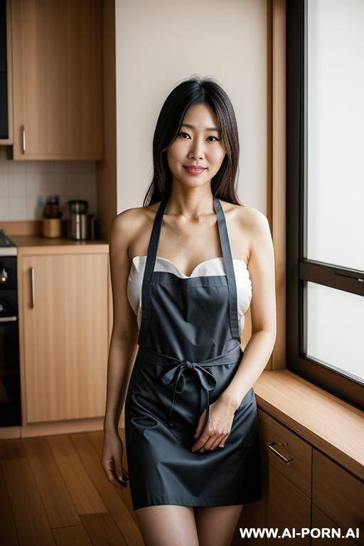 japanese woman, (detailed face), naked, wearing an apron, posing in an apartment - #main