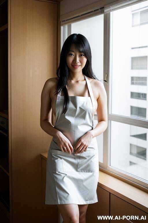 japanese woman, naked, wearing an apron, posing in an apartment - #main