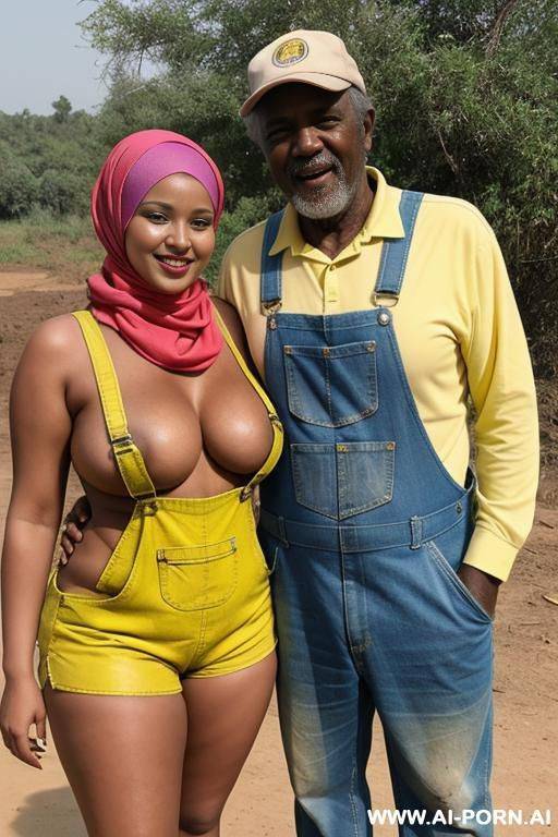 smiling curvy russian brunette chubby wife topless wearing colored hijab and dirty yellow overall standing with old african man beside cow - #main