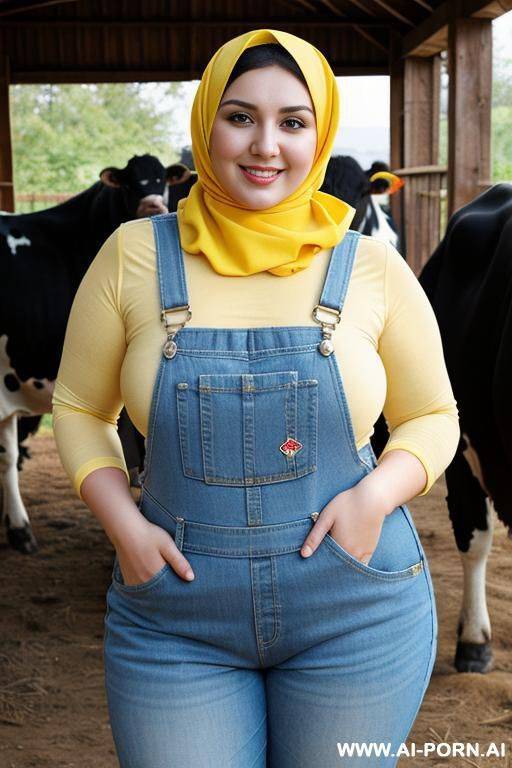 smiling curvy russian brunette chubby wife topless wearing colored hijab and dirty yellow overall standing beside cow - #main