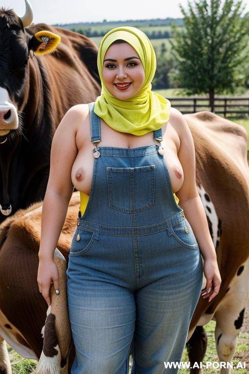 smiling curvy russian brunette chubby wife topless wearing colored hijab and dirty lime yellow overalls standing beside cow - #main