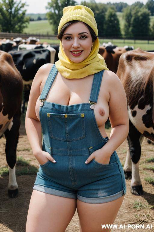 smiling curvy russian brunette chubby wife topless wearing colored hijab and dirty lime yellow overalls and hat in cows farm - #main