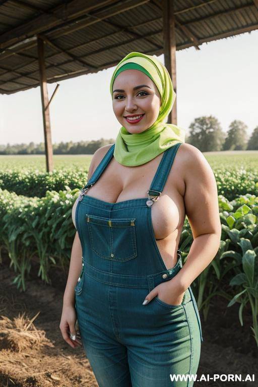 smiling curvy russian brunette chubby wife topless wearing colored hijab and dirty lime green overalls in farm - #main