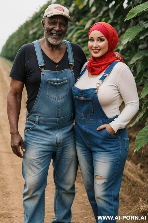 smiling curvy russian brunette chubby wife topless wearing colored hijab and dirty red overalls in farm standing with old african man - #main
