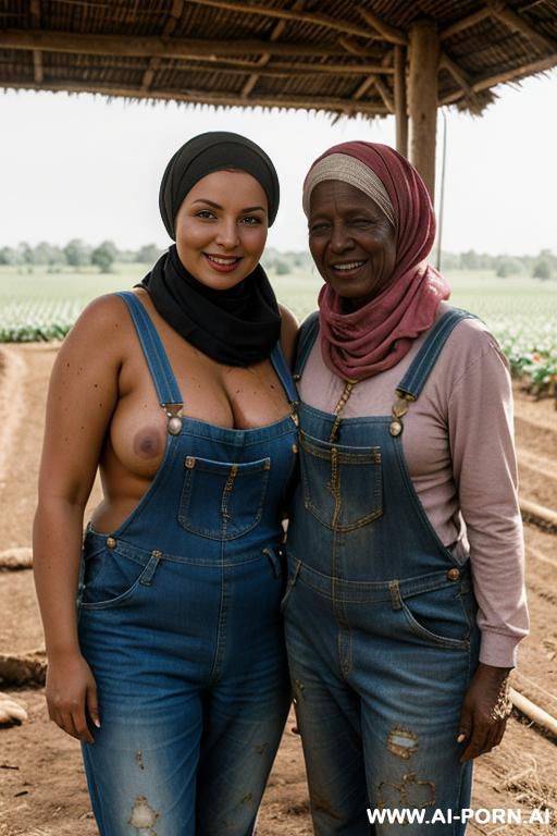 smiling curvy russian brunette chubby wife topless wearing colored hijab and dirty overalls in farm standing with old african man stained with mud - #main