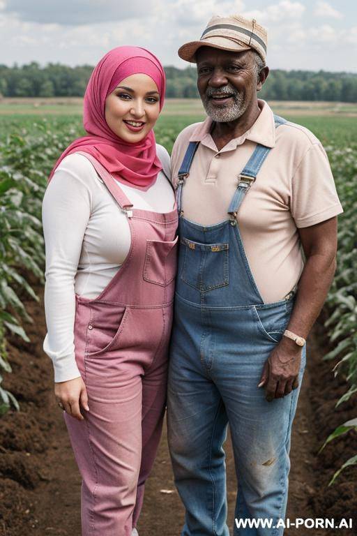 smiling curvy russian brunette chubby wife topless wearing colored hijab and dirty pink overalls in farm standing with old african man - #main