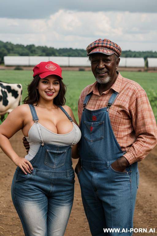 smiling curvy russian brunette chubby wife topless wearing colored hijab and dirty red overalls and hat in cows farm standing with old african man - #main