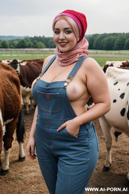 smiling curvy russian brunette chubby wife topless wearing colored hijab and dirty red overalls and hat in cows farm - #main
